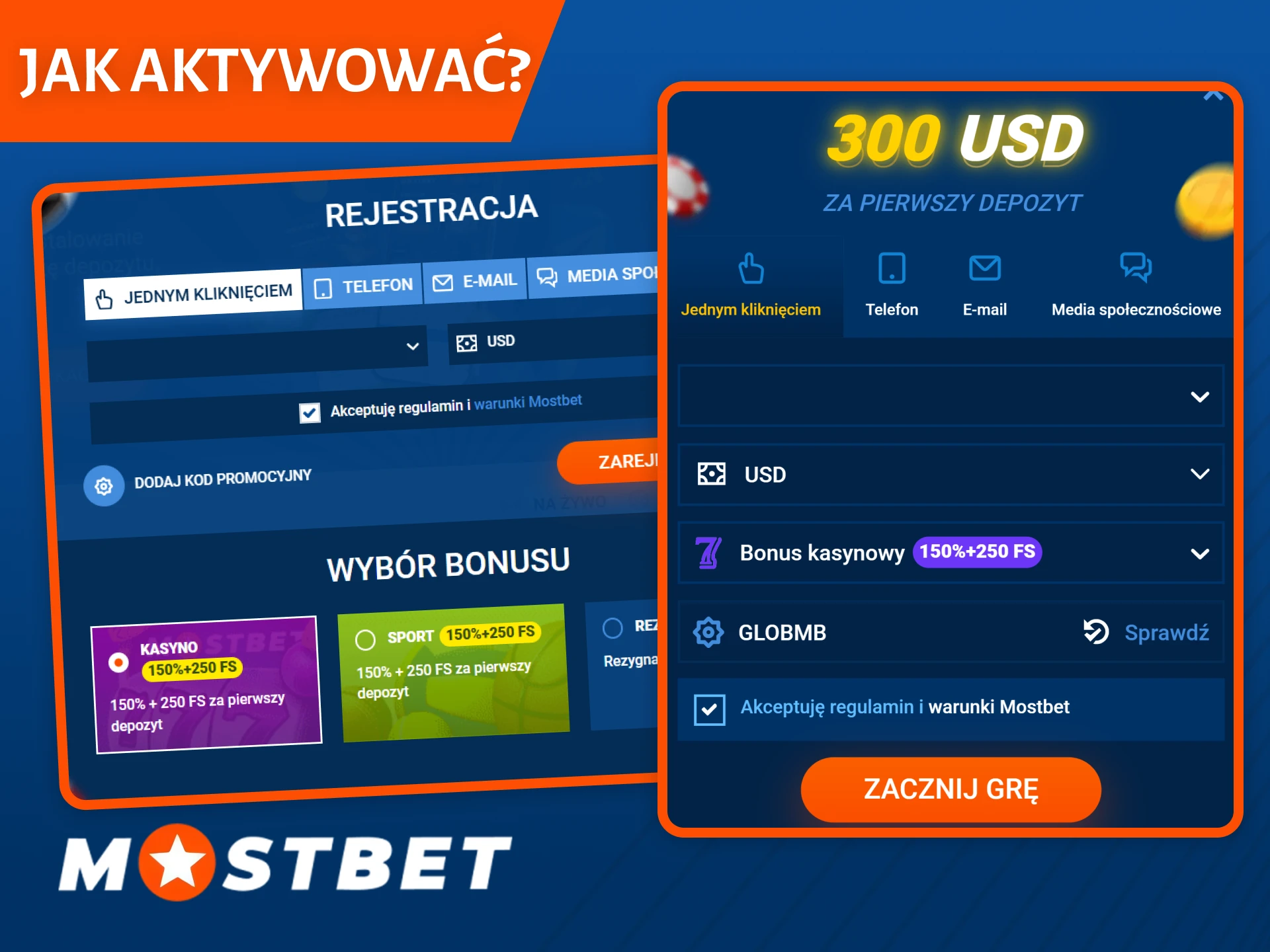 Wykonaj te proste kroki, aby aktywować kod promocyjny w serwisie Mostbet.