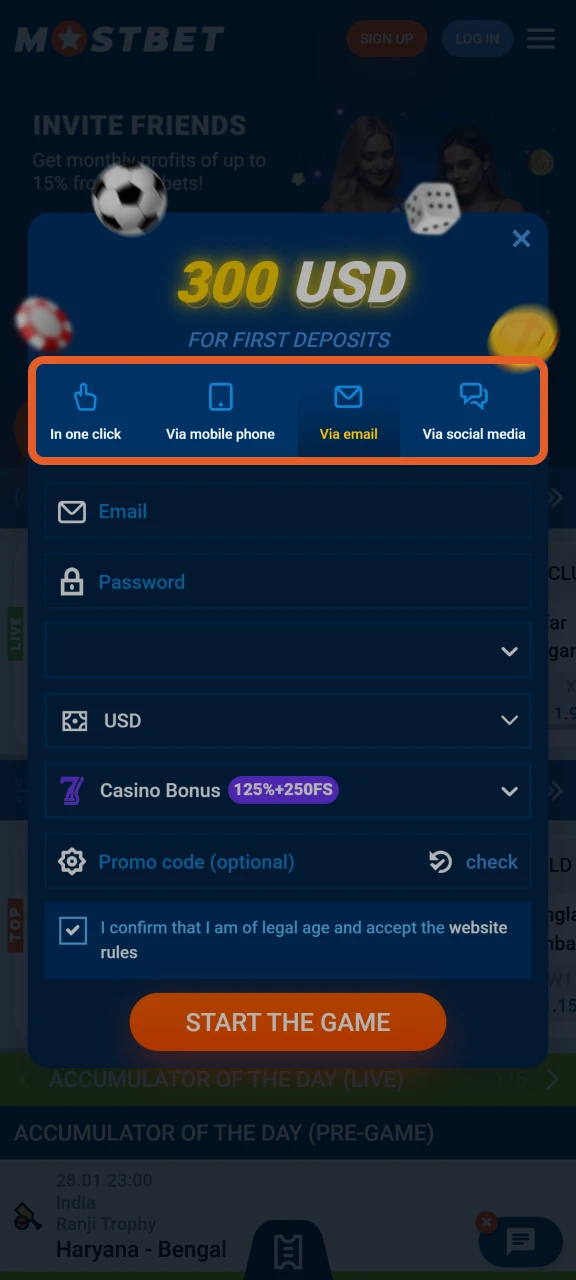 Choose a preferred registration method at Mostbet.