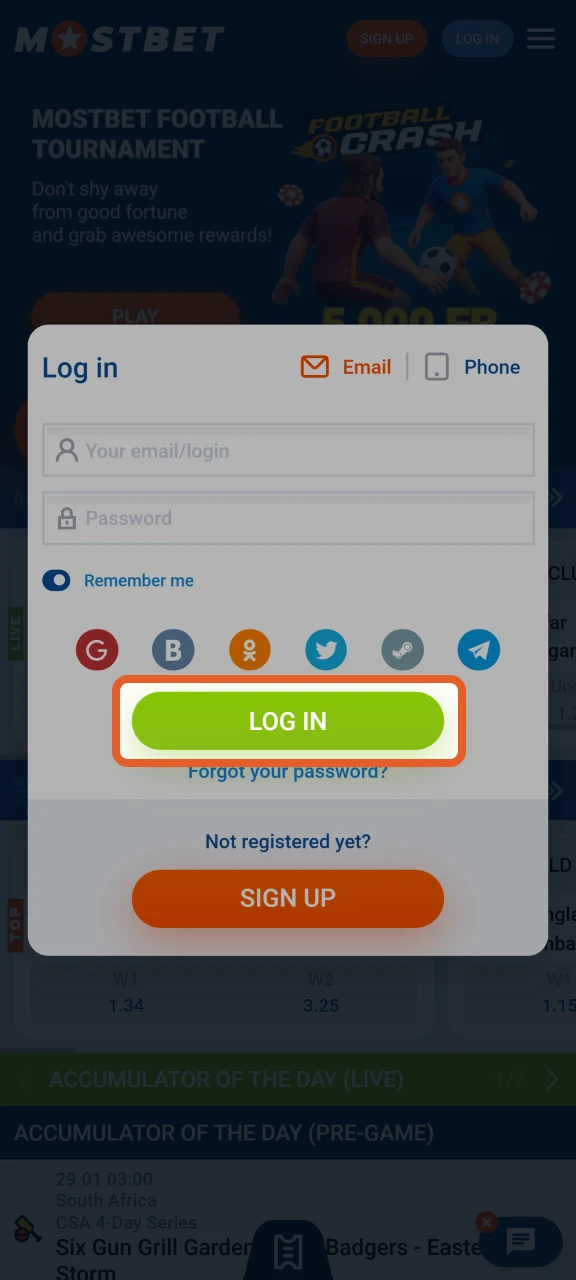 Click Login to log into your Mostbet account.