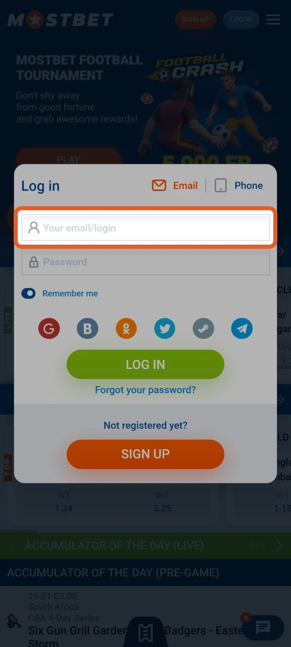 Enter the required credentials to complete your login at Mostbet.
