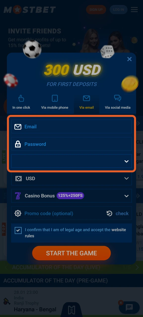 Fill in the required fields to complete your registration on the Mostbet platform.