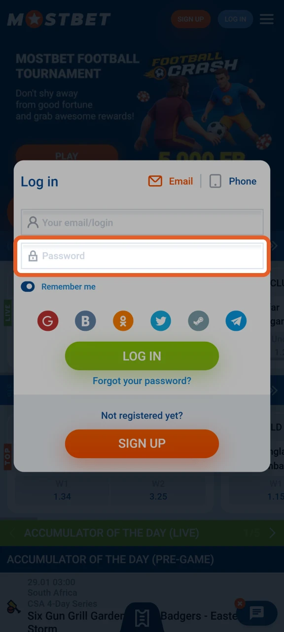 Enter your password to log in to your Mostbet account.