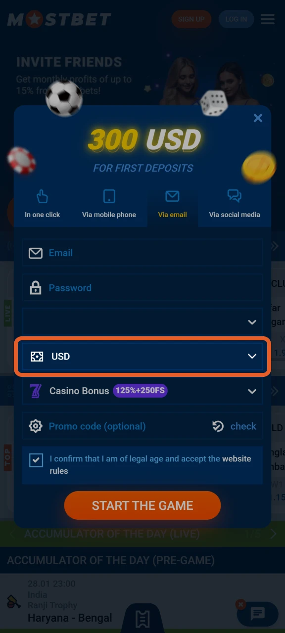 When registering on the Mostbet website, select your currency.