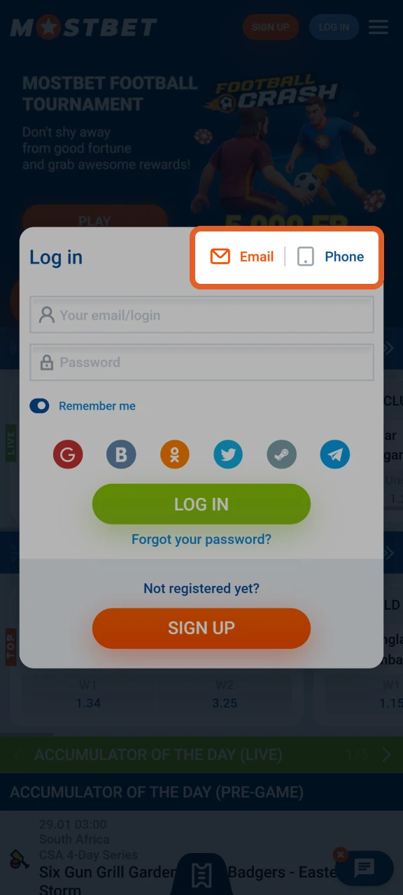Select a login method to successfully log in to Mostbet.