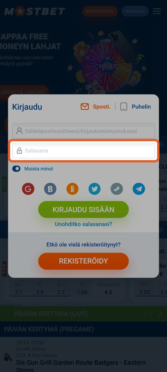 Syötä salasanasi kirjautuaksesi Mostbet-tilillesi.
