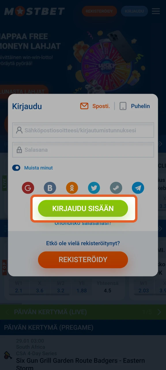 Kirjaudu sisään Mostbet-tilillesi napsauttamalla Kirjaudu sisään.