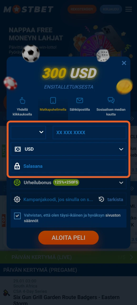 Täytä pakolliset kentät rekisteröityäksesi Mostbet alustalle.
