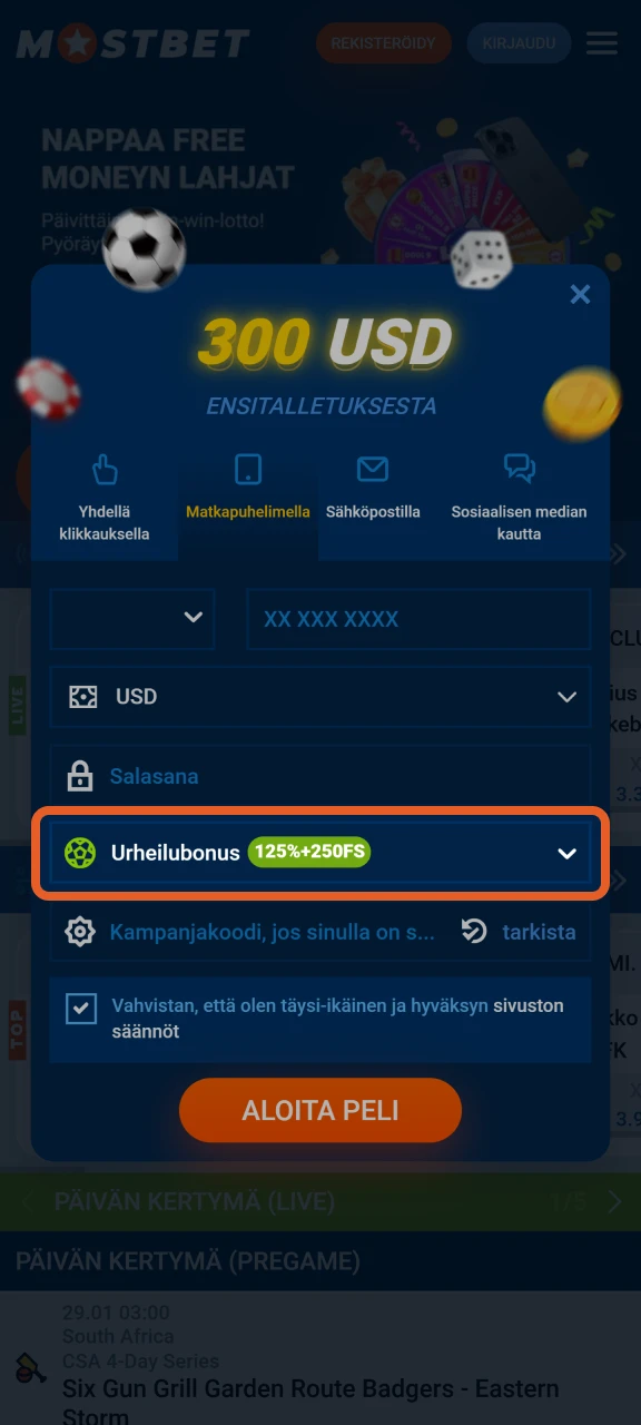 Valitse tervetuliaisbonus rekisteröityessäsi Mostbet.