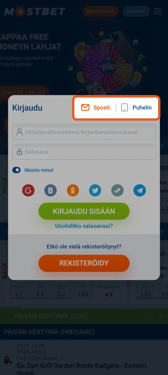 Valitse kirjautumismenetelmä kirjautuaksesi sisään Mostbet.