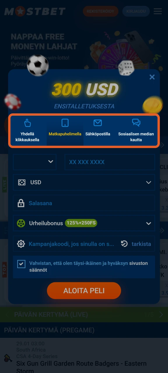 Valitse haluamasi rekisteröitymistapa Mostbet.