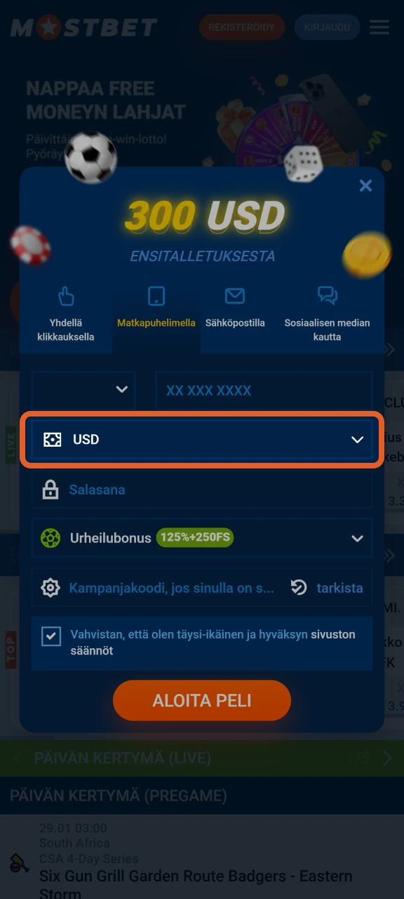 Kun rekisteröidyt Mostbet verkkosivustolle, valitse valuuttasi.