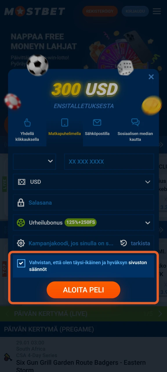 Hyväksy ehdot ja suorita rekisteröitymisesi Mostbet.