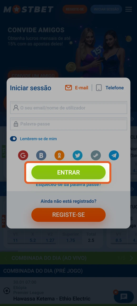 Clique em Entrar para acessar sua conta Mostbet.
