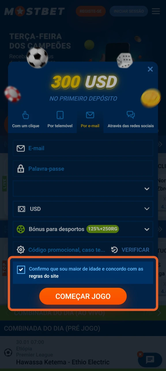 Aceite os termos e conclua seu cadastro na Mostbet.
