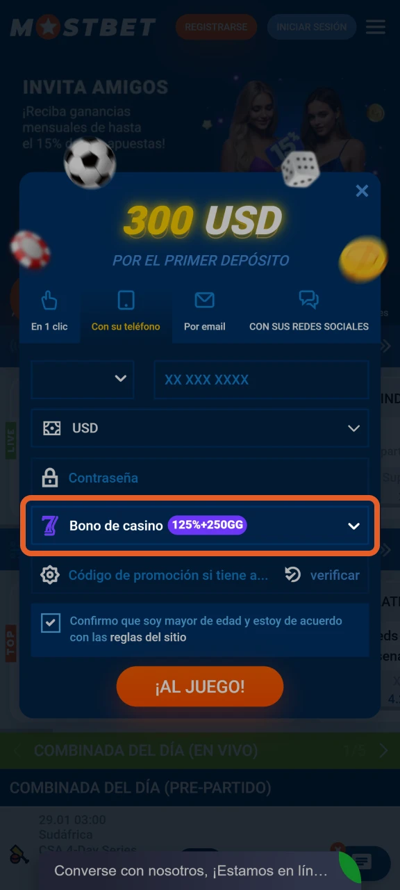 Elija un bono de bienvenida durante su registro en Mostbet.