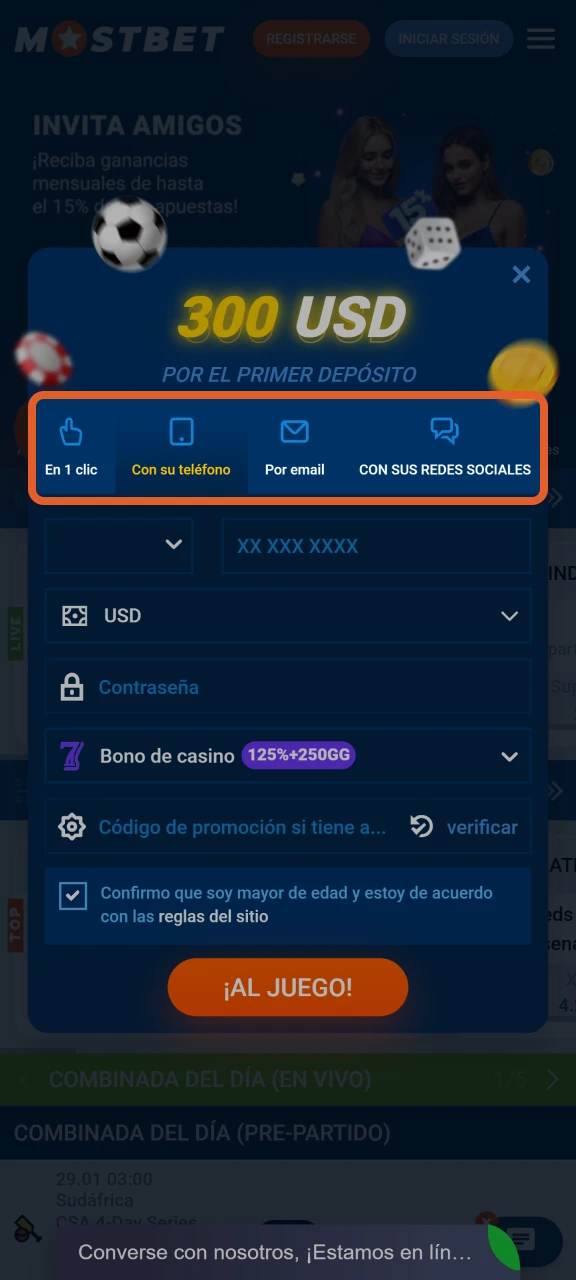 Elija un método de registro preferido en Mostbet.
