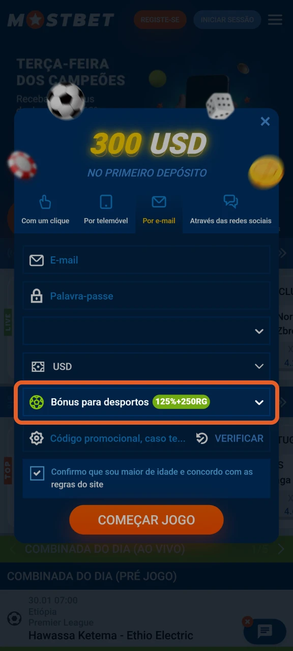 Escolha um bônus de boas-vindas durante o seu cadastro na Mostbet.