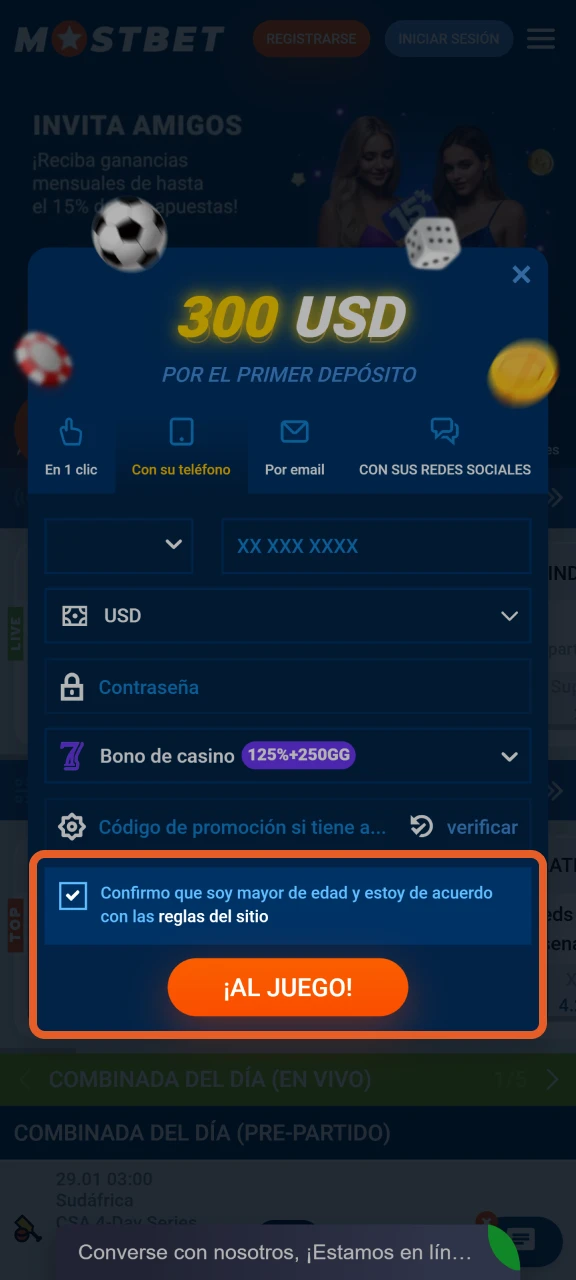 Acepte los términos y complete su registro en Mostbet.