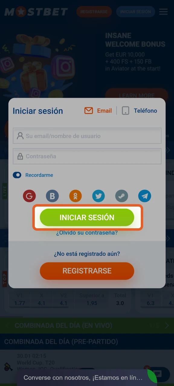 Haga clic en Iniciar sesión para iniciar sesión en su cuenta de Mostbet.