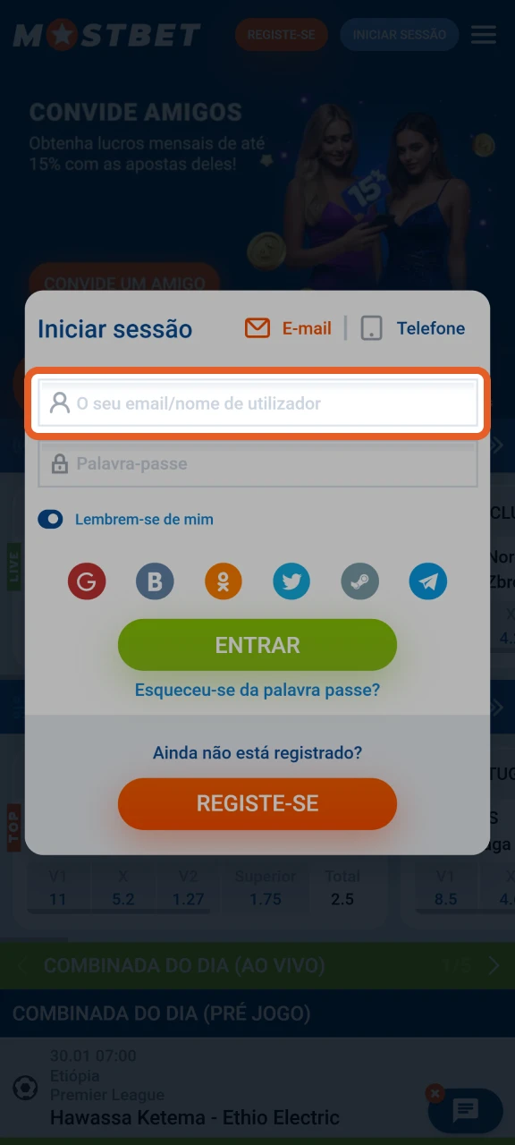 Insira as credenciais necessárias para concluir seu login na Mostbet.