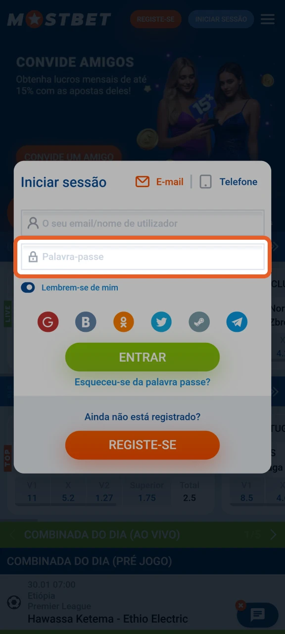 Digite sua senha para entrar na sua conta Mostbet.