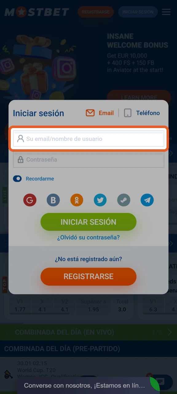 Introduzca las credenciales requeridas para completar su inicio de sesión en Mostbet.