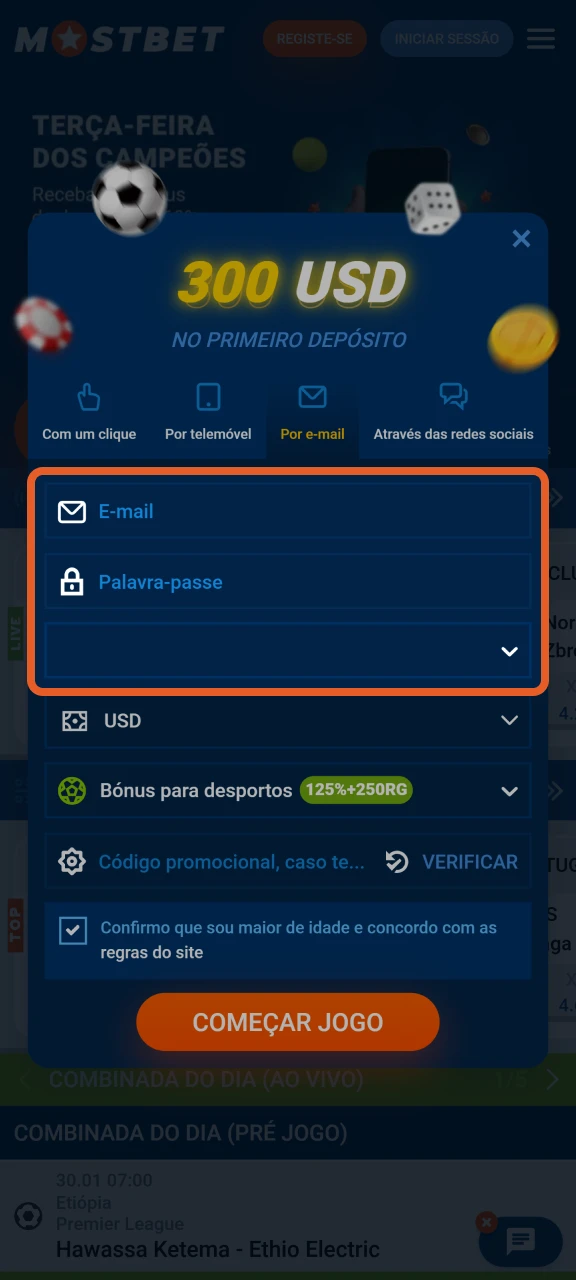 Preencha os campos obrigatórios para concluir seu cadastro na plataforma Mostbet.