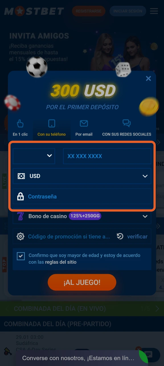 Llene los campos obligatorios para completar su registro en la plataforma Mostbet.