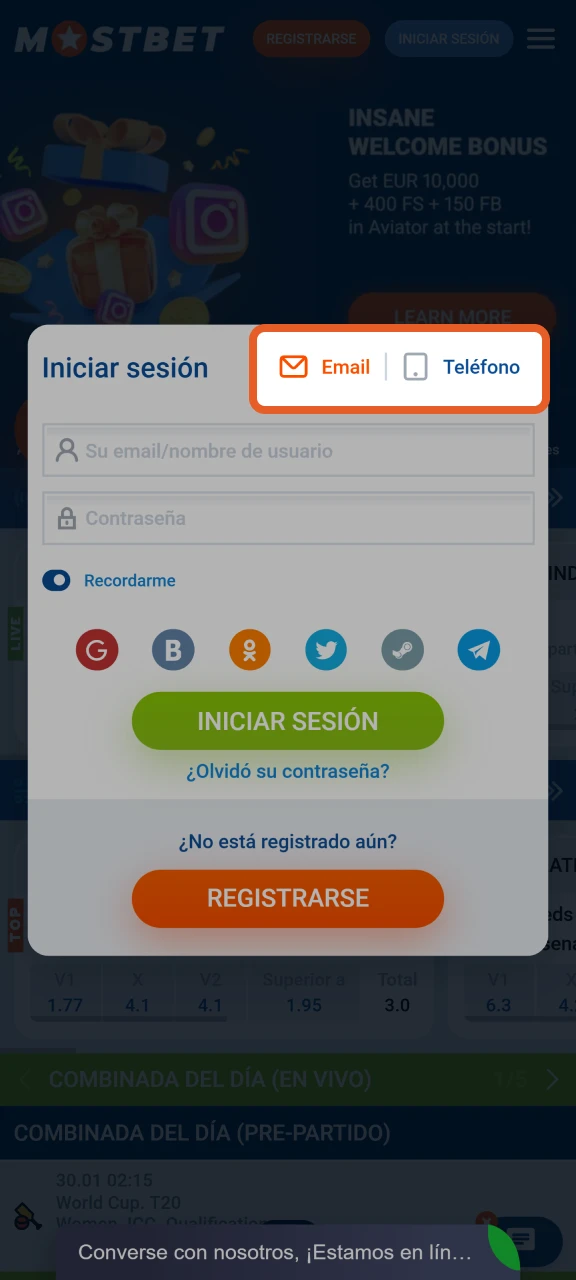 Seleccione un método de inicio de sesión para iniciar sesión correctamente en Mostbet.