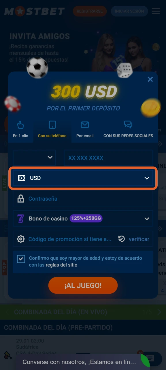 Al registrarse en el sitio web de Mostbet, seleccione su moneda.