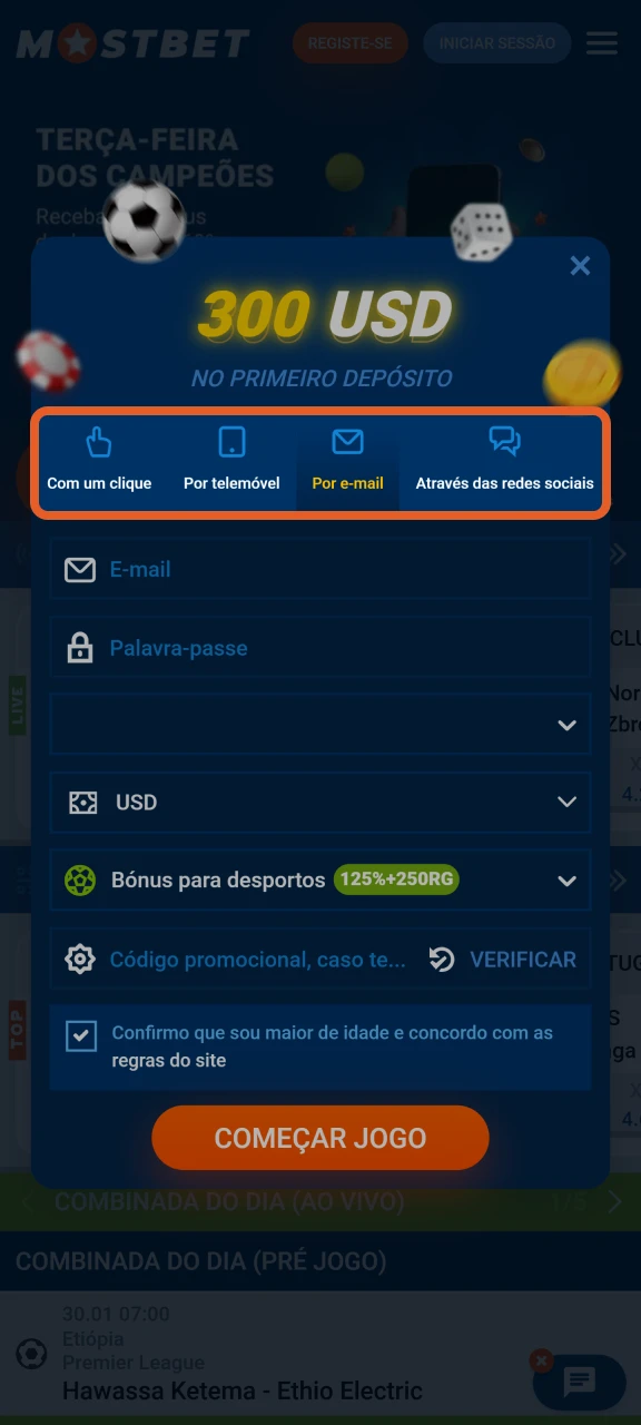 Escolha o método de cadastro de sua preferência na Mostbet.