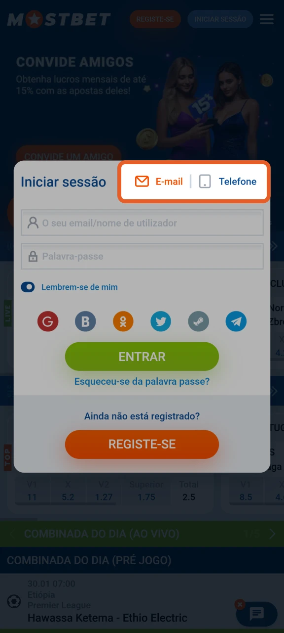 Selecione um método de login para entrar com sucesso no Mostbet.