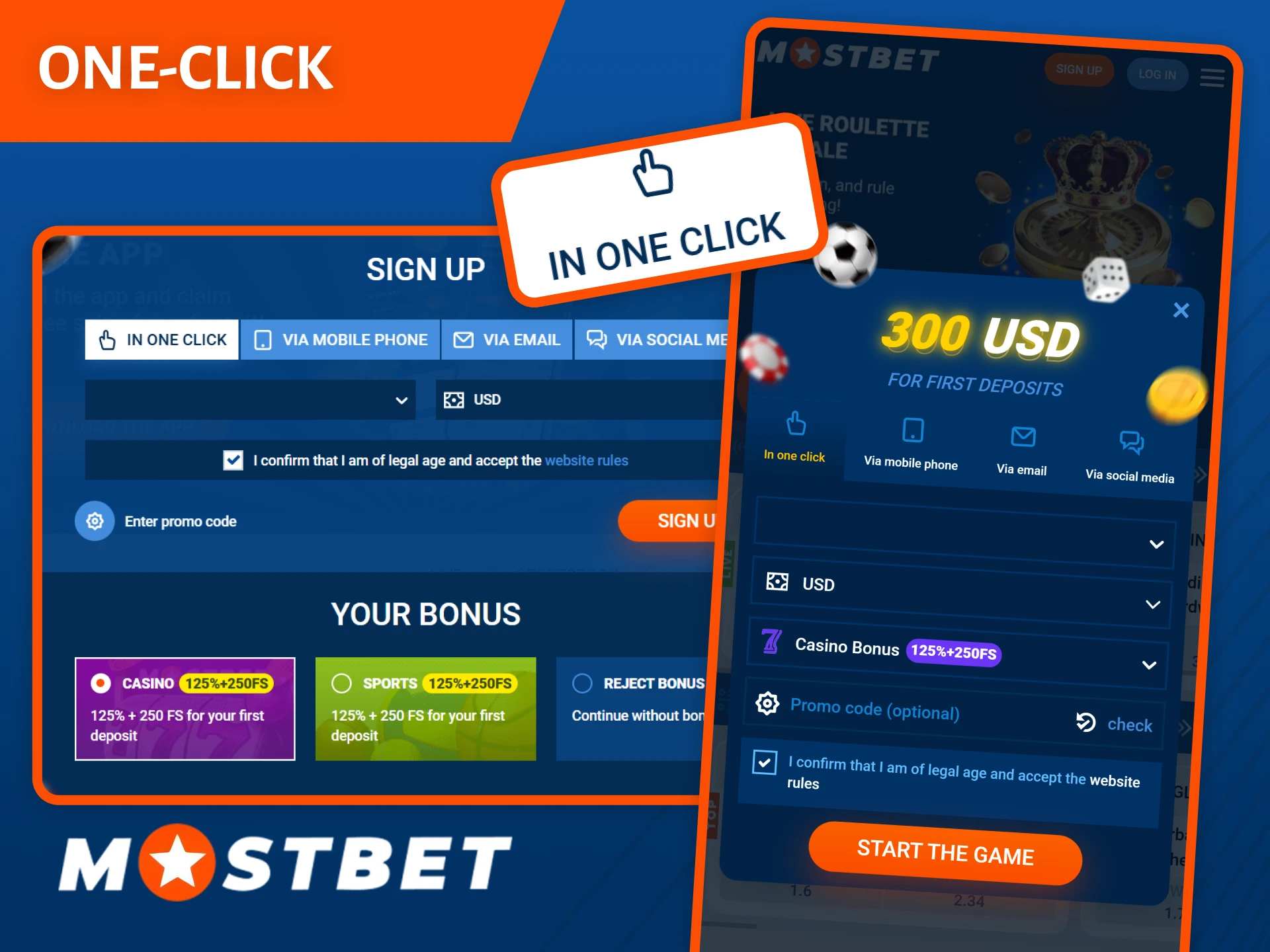 Choose the fastest one-click registration on Mostbet to start playing immediately.