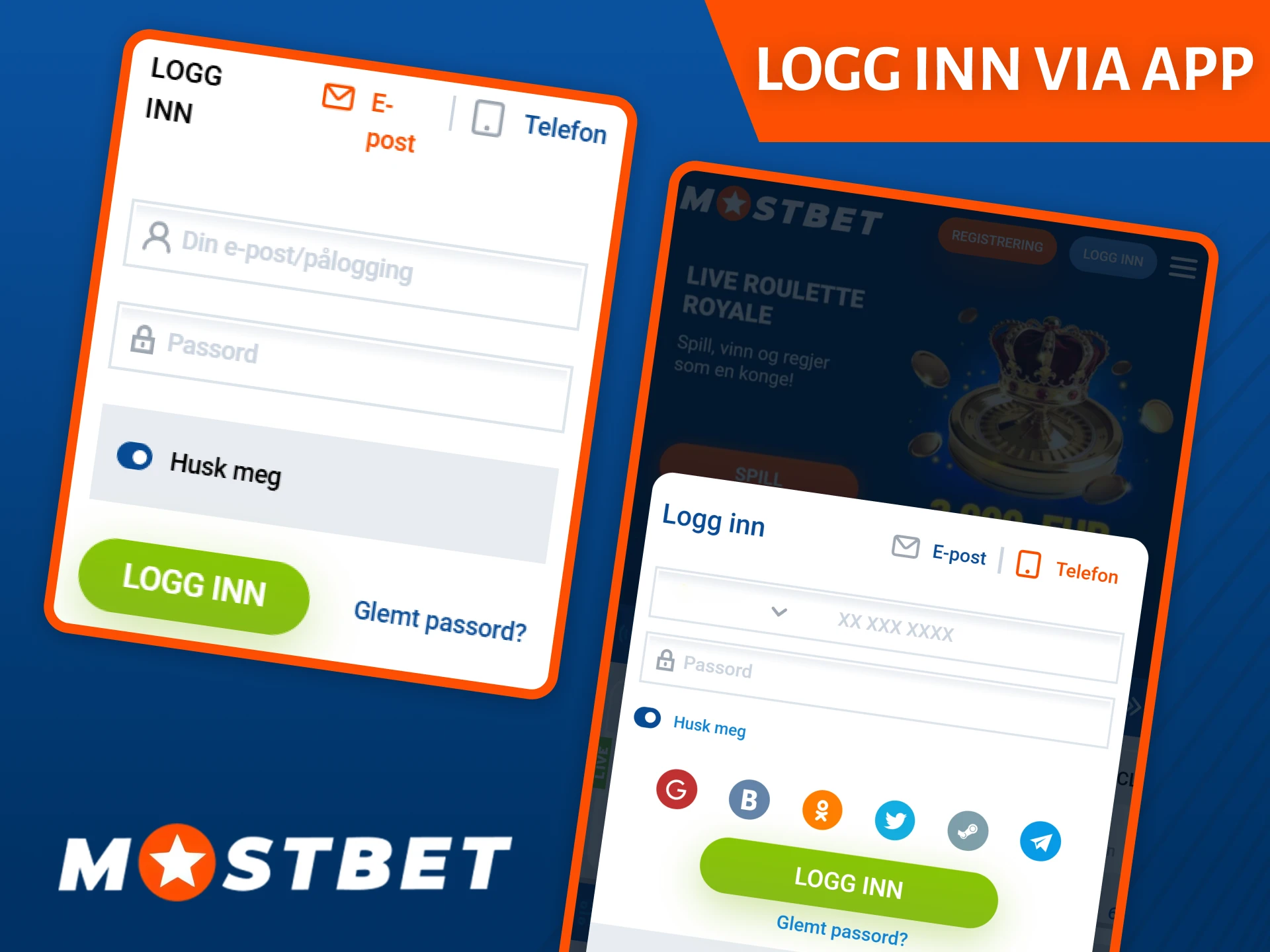 Logg inn på kontoen din via appen etter at du har fullført Mostbet-registreringen.