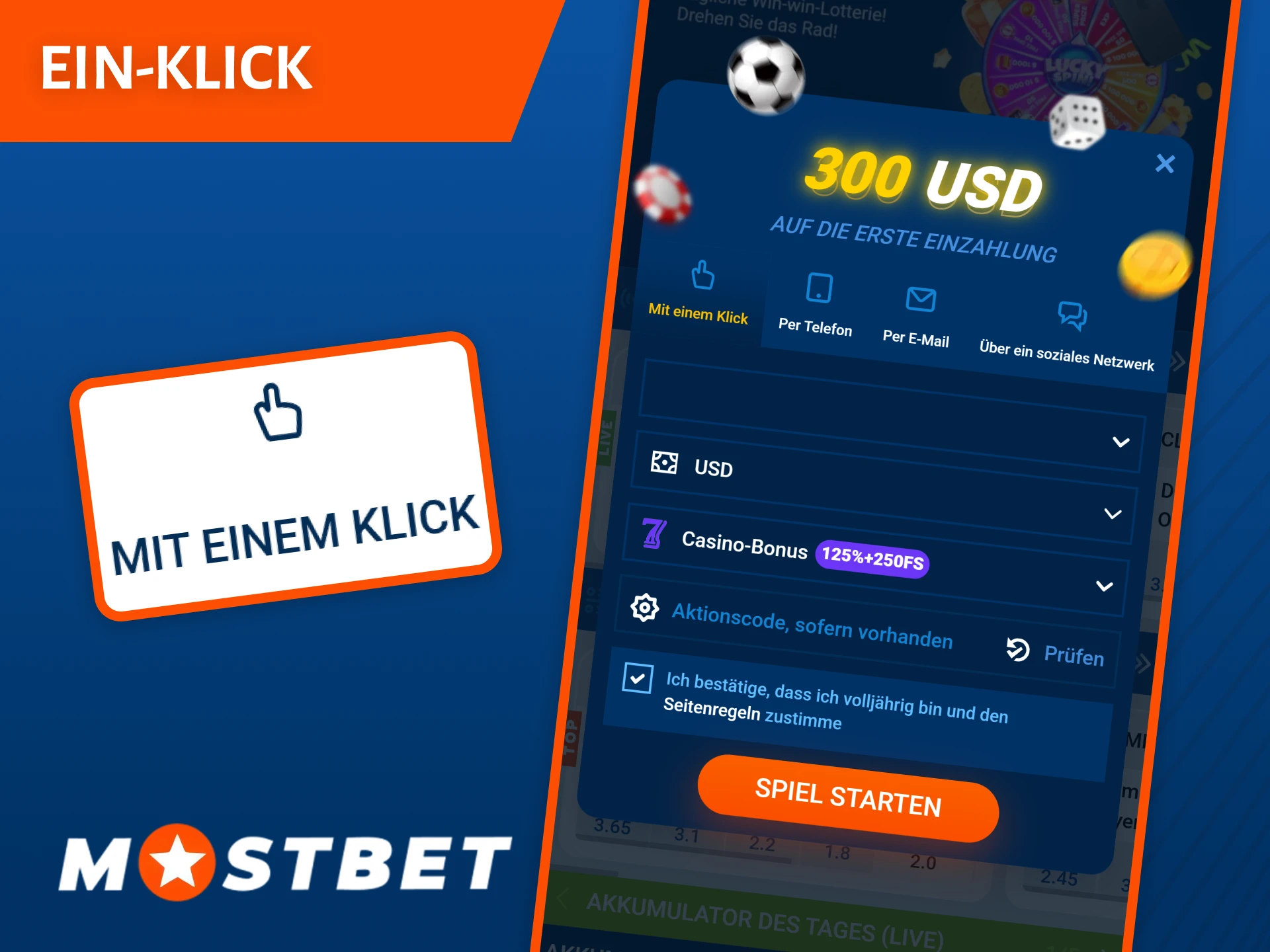Wählen Sie die schnellste Ein-Klick-Registrierung auf Mostbet, um sofort mit dem Spielen zu beginnen.
