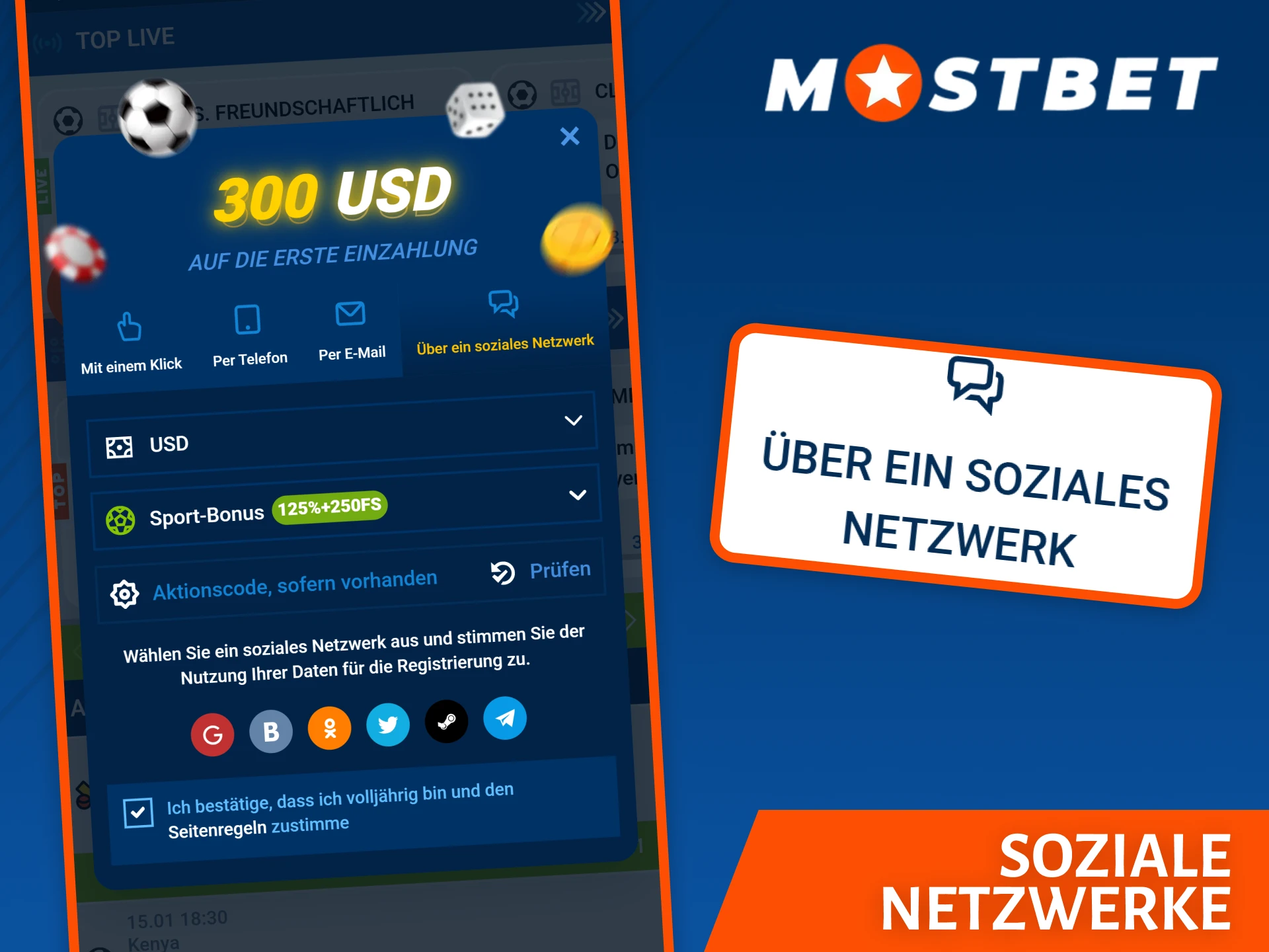 Nutzen Sie die schnelle Registrierung über soziale Netzwerke auf Mostbet, um loszulegen.