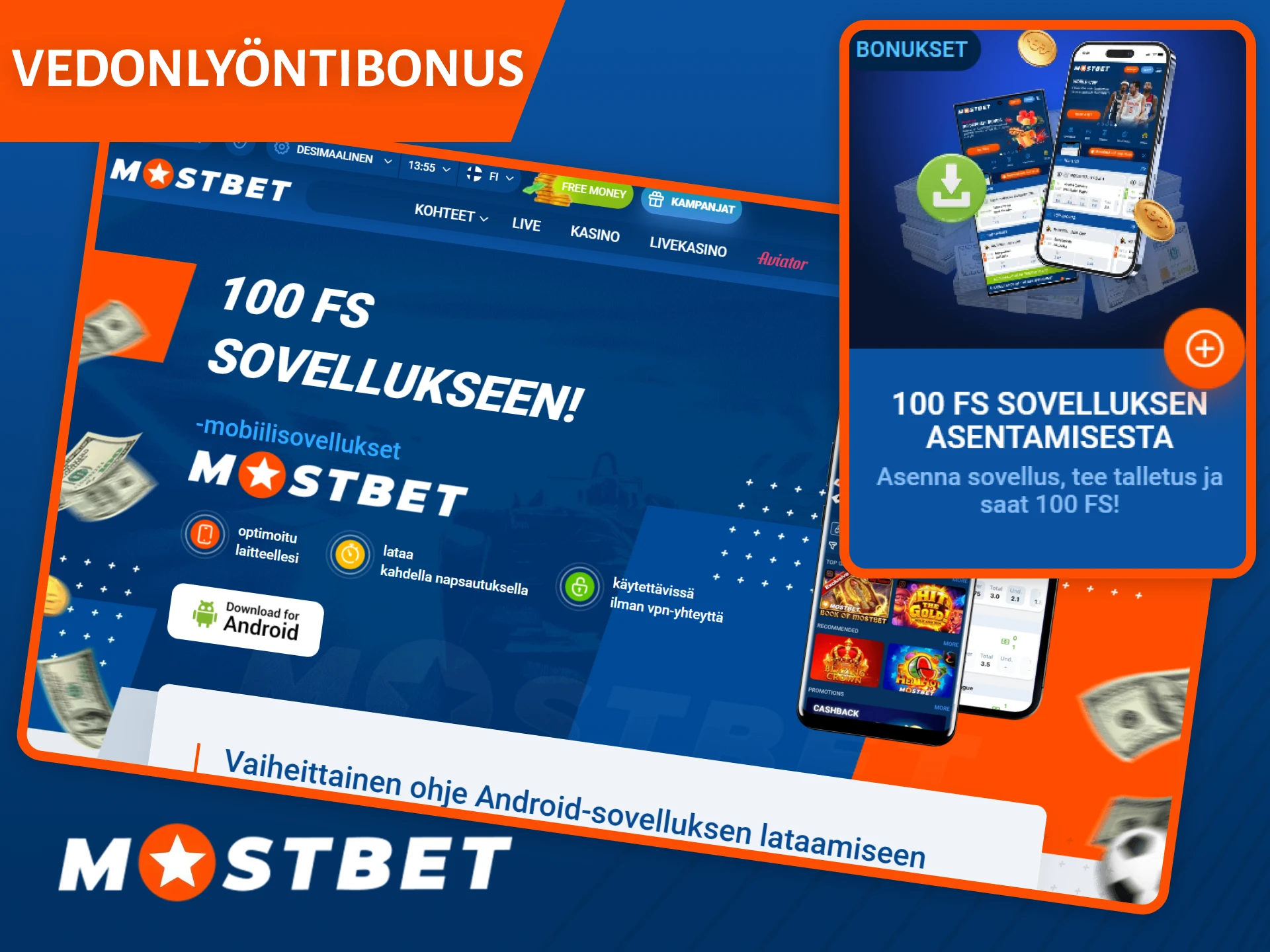 Lunasta vedonlyöntibonus sovelluksen lataamisesta Mostbet-rekisteröitymisen aikana.