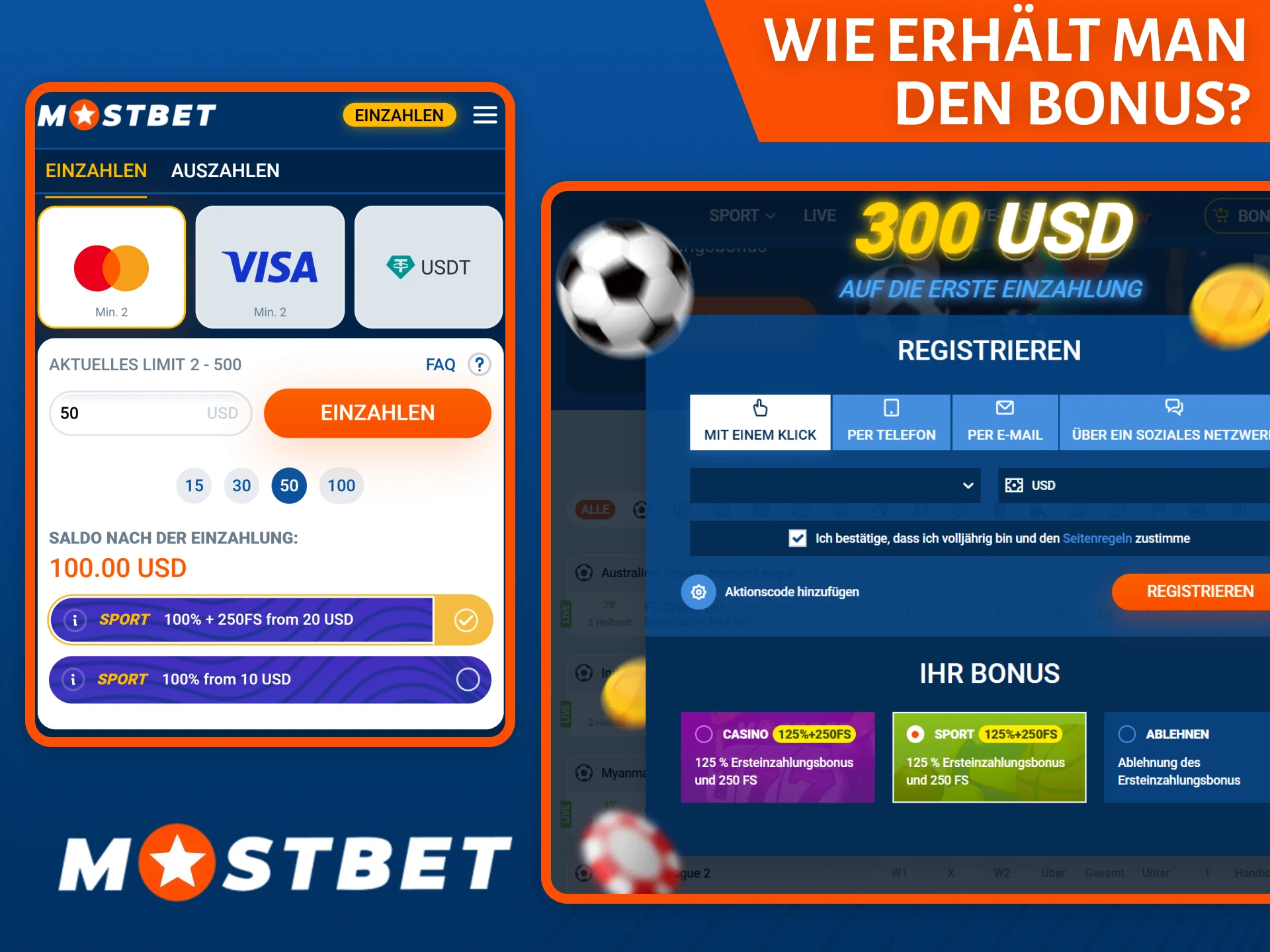 Folgen Sie unserer Anleitung, wie Sie einen Willkommensbonus von Mostbet erhalten.