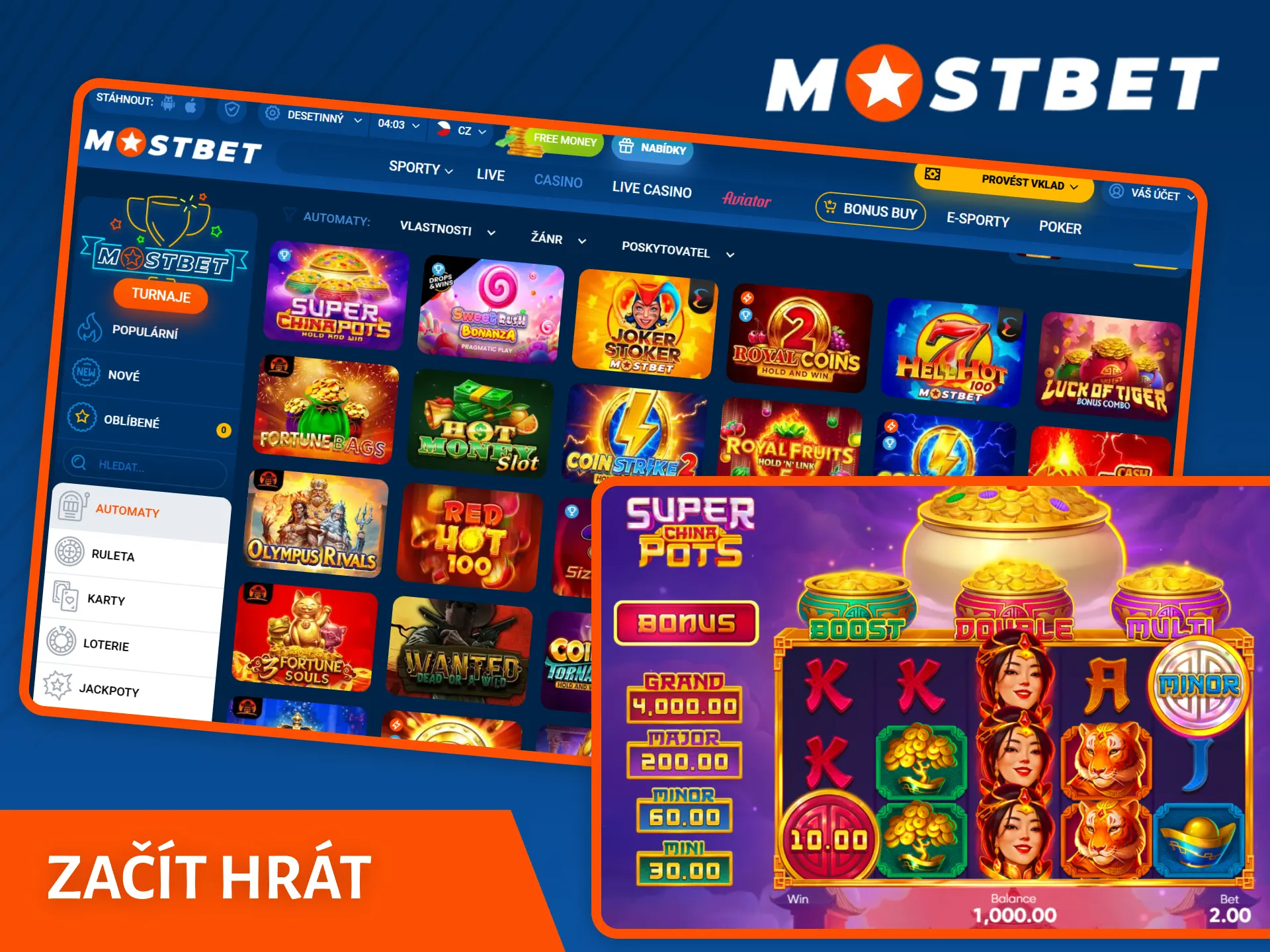 Začněte hrát kasinové hry na oficiální platformě Mostbet.