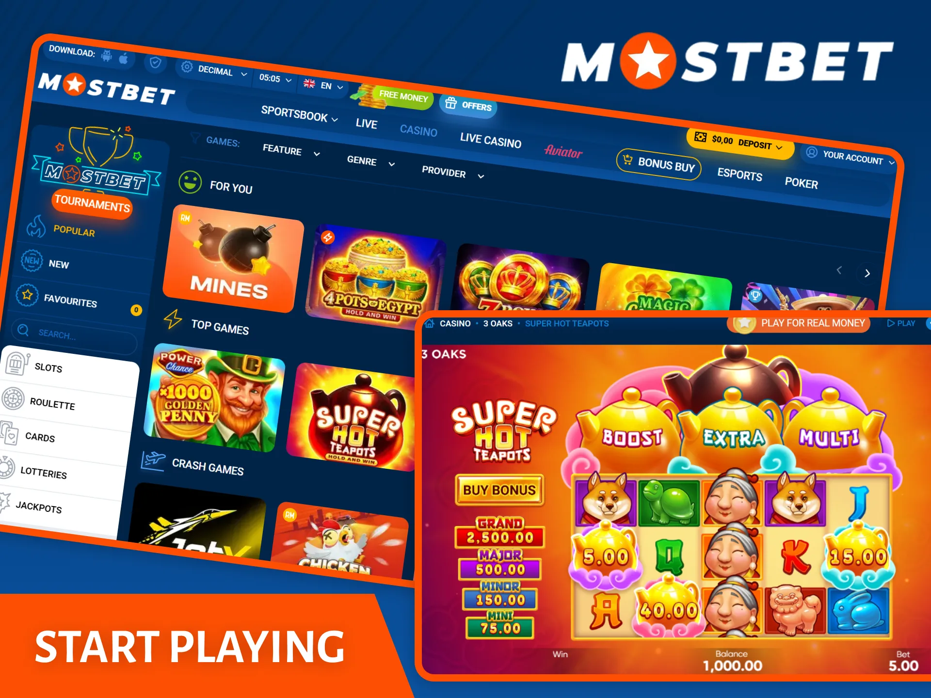 Start playing casino games on the official Mostbet platform.