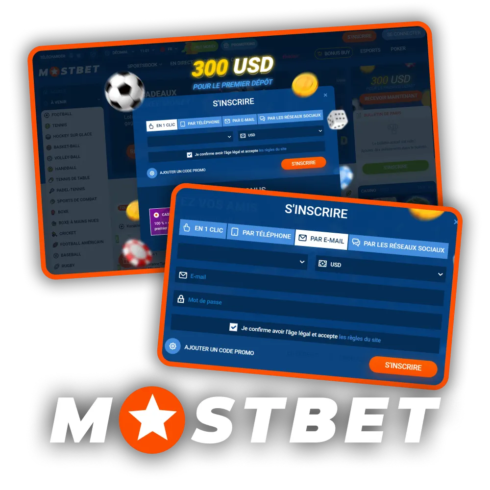 Inscrivez-vous sur Mostbet via e-mail, par téléphone, via les réseaux sociaux ou en un clic.