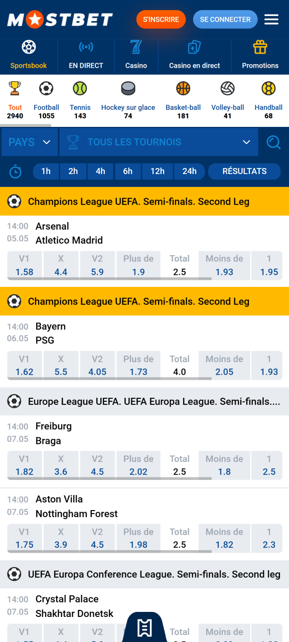 Mostbet propose une section sportive très complète.
