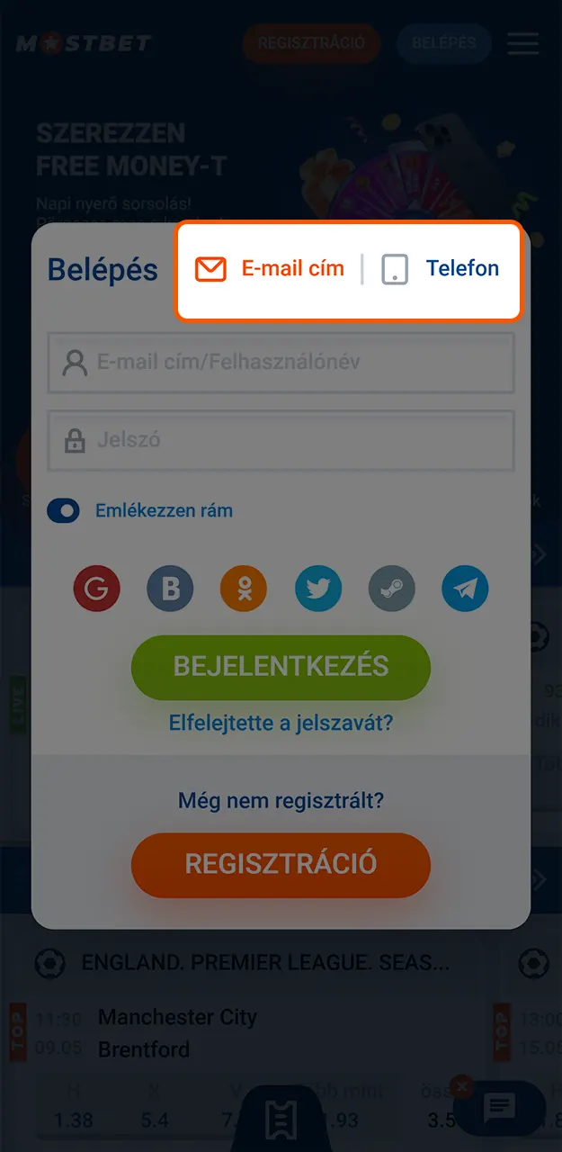 Válassza ki a bejelentkezési módot, hogy belépjen a Mostbet-ba.