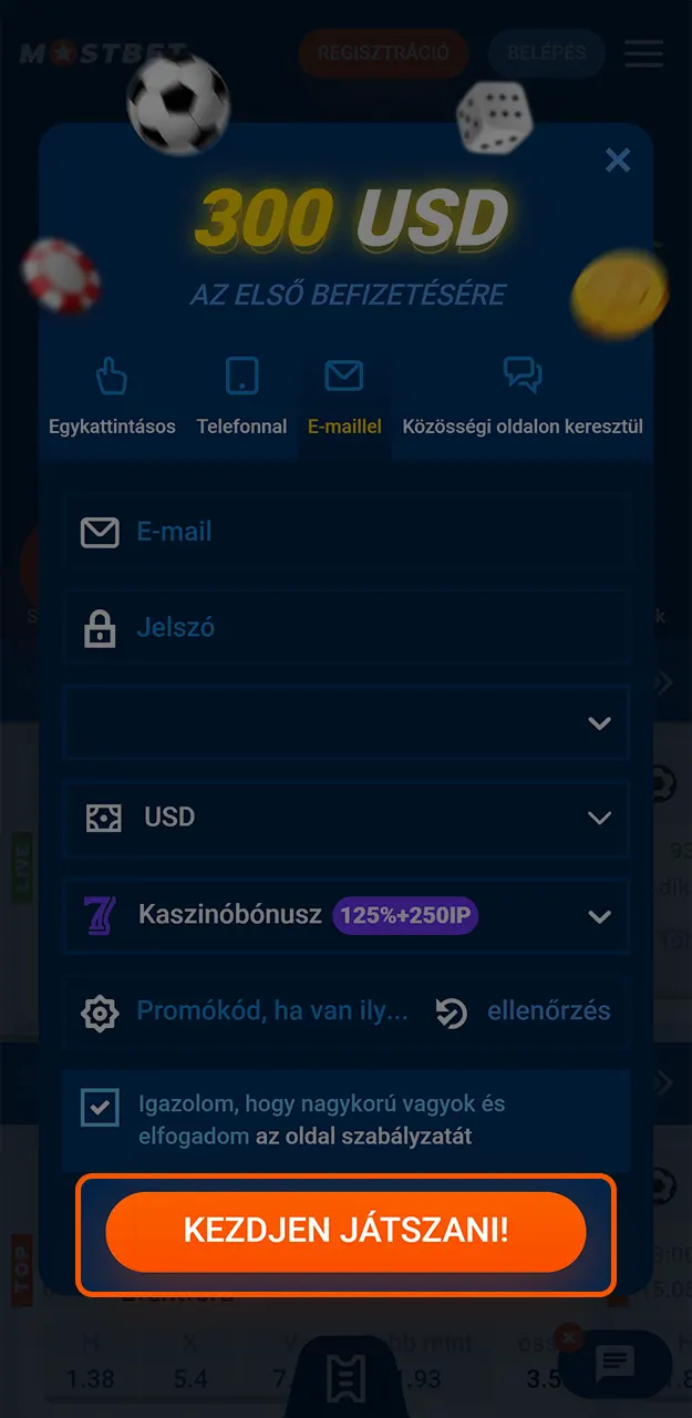 Fogadja el a felhasználási feltételeket, és fejezze be a regisztrációt a Mostbet oldalon.