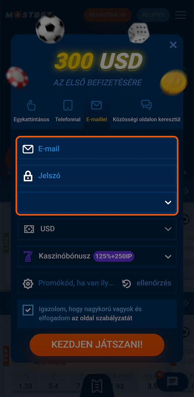 Töltse ki a kötelező mezőket a regisztráció befejezéséhez a Mostbet platformon.