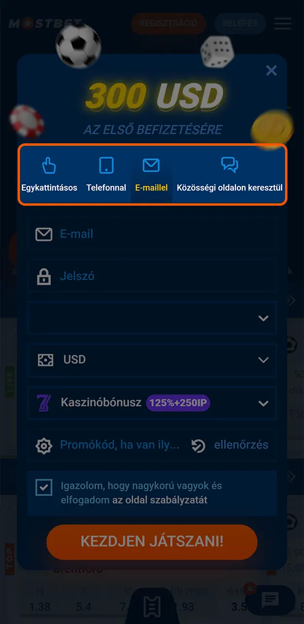 Válassza ki a kívánt regisztrációs módot a Mostbet-on.