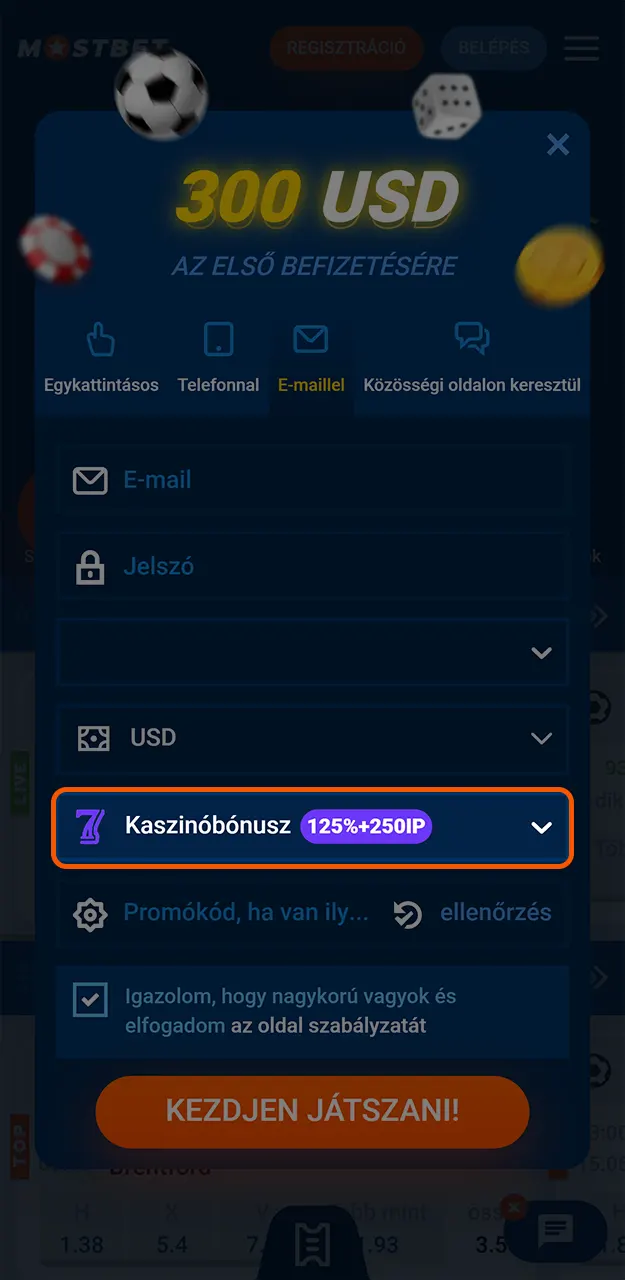 Válassza ki az üdvözlő bónuszt a Mostbet-on történő regisztráció során.