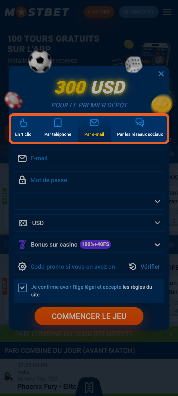 Ouvrez l'application Mostbet et choisissez la méthode d'inscription qui vous convient le mieux.