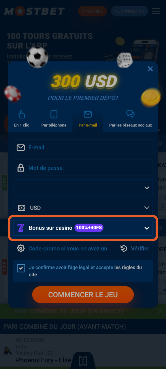 Choisissez un bonus de bienvenue lors de votre inscription sur Mostbet.