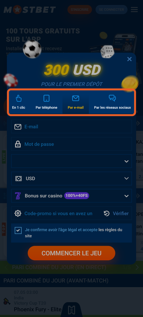 Choisissez votre mode d'inscription préféré sur Mostbet.